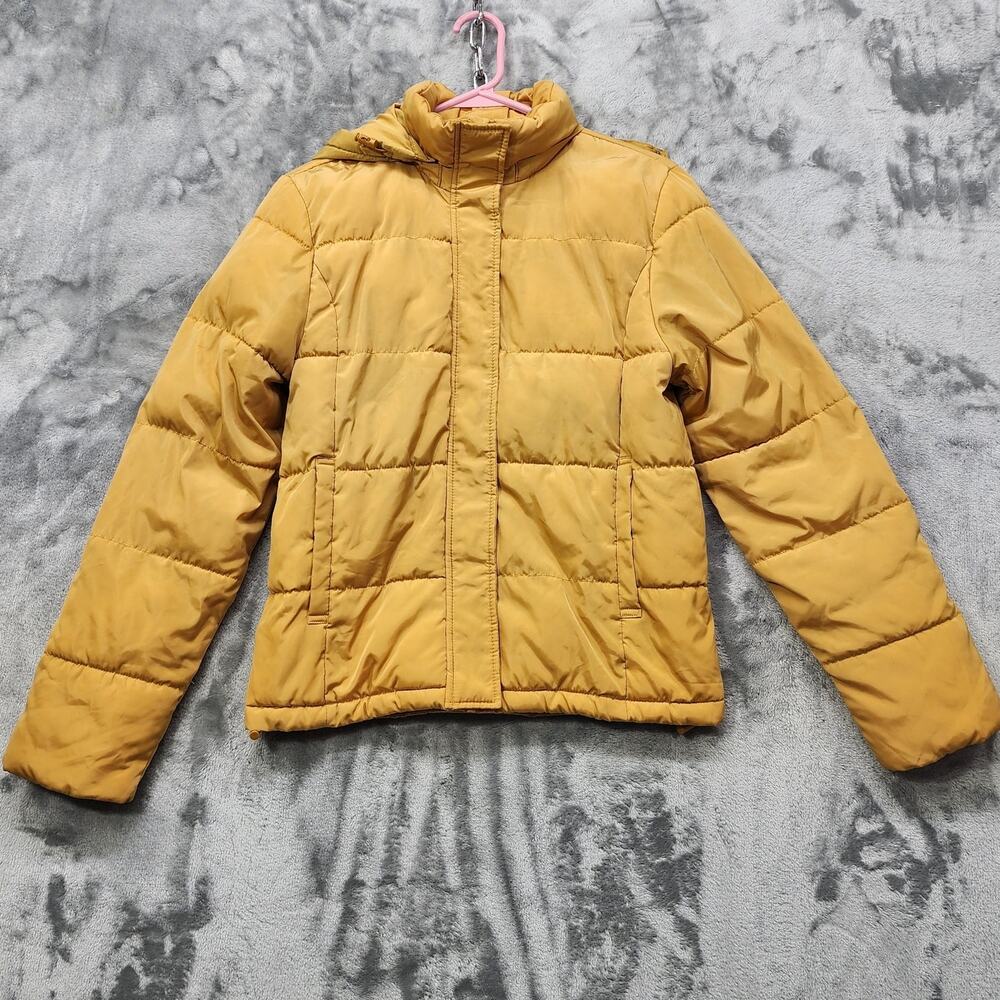 Arizona Jean Company Coat Women XS Mustard Yellow Quilted Puffer Hooded Full Zip